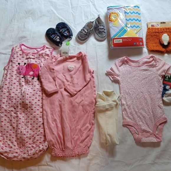Baby bundle some new shoes towels sleep gowns bodysuit 0-12 months - Picture 1 of 6